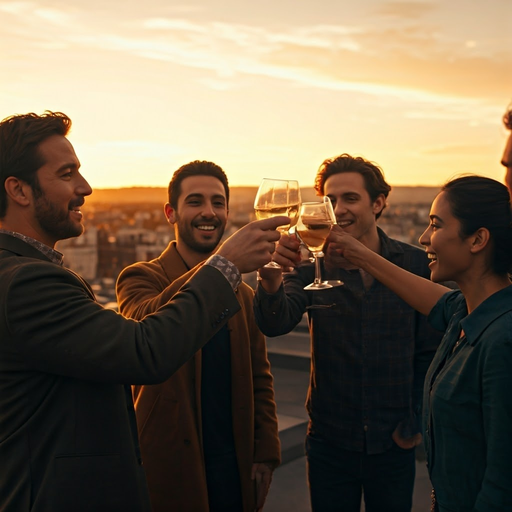 Golden Hour Cheers: Friends Celebrate on a Rooftop