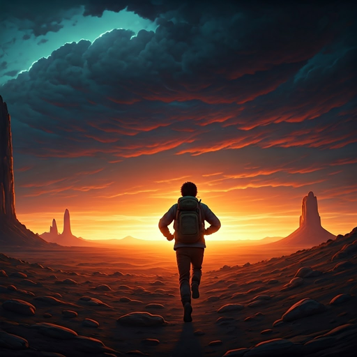 A Lone Figure Walks Towards the Setting Sun in a Vast Desert