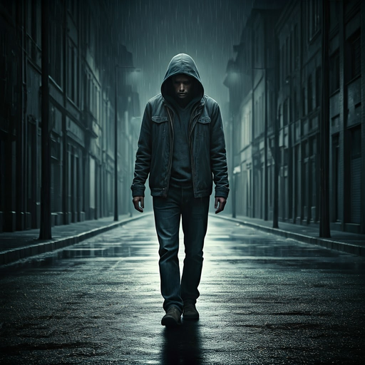 Lost in the Rain: A Hooded Figure Walks the Desolate Streets