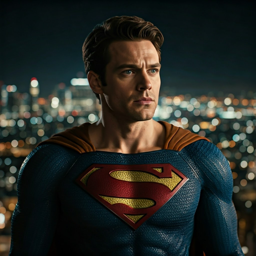 Superman Stands Tall, Hopeful Against the City Lights