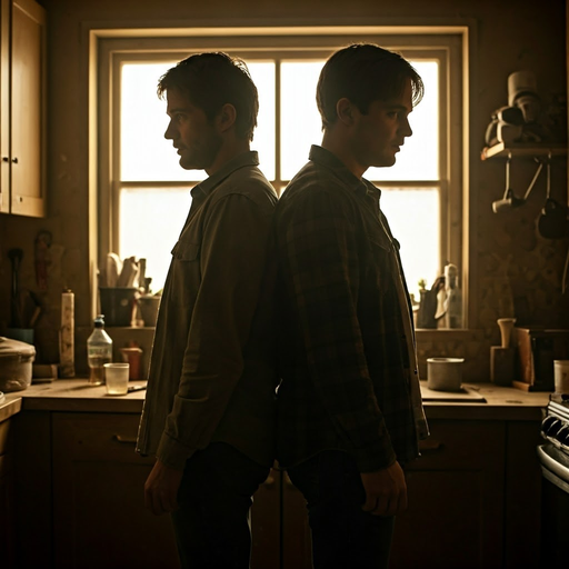 Silhouettes of Suspense: Two Men in a Dimly Lit Kitchen