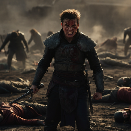 Blood-Soaked Victory: A Warrior Stands Amidst the Ruins