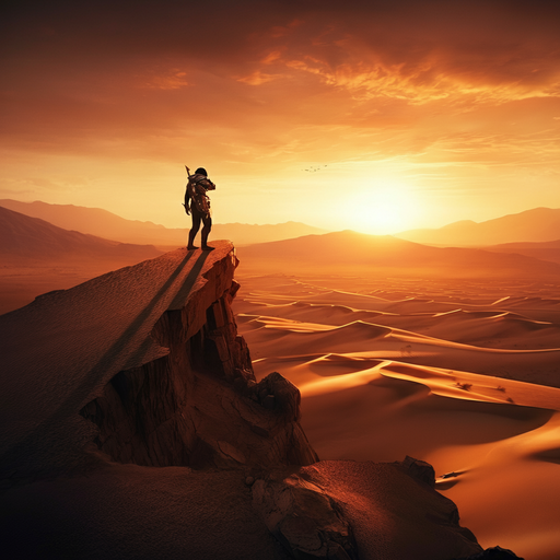 Silhouetted Against the Setting Sun: A Lone Figure in the Vast Desert