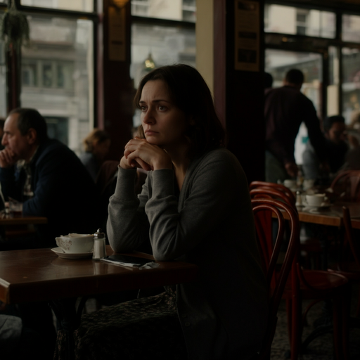 Lost in Thought: A Moment of Melancholy in a Dimly Lit Cafe