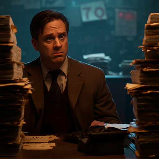 The Weight of Secrets: A Man’s Worried Expression Amidst Stacks of Papers