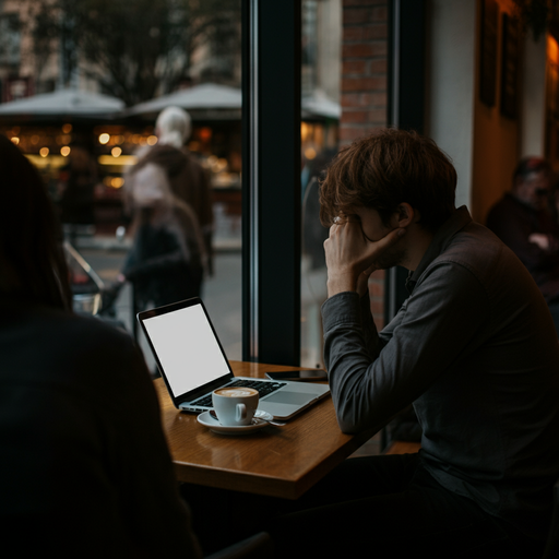 Lost in Thought: A Man’s Melancholy Moment at a Cafe