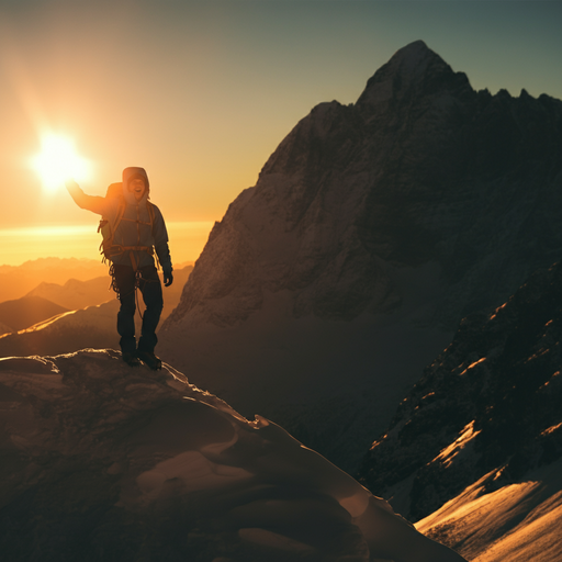 Conquering the Summit: A Hiker’s Triumphant Silhouette Against a Golden Sunset