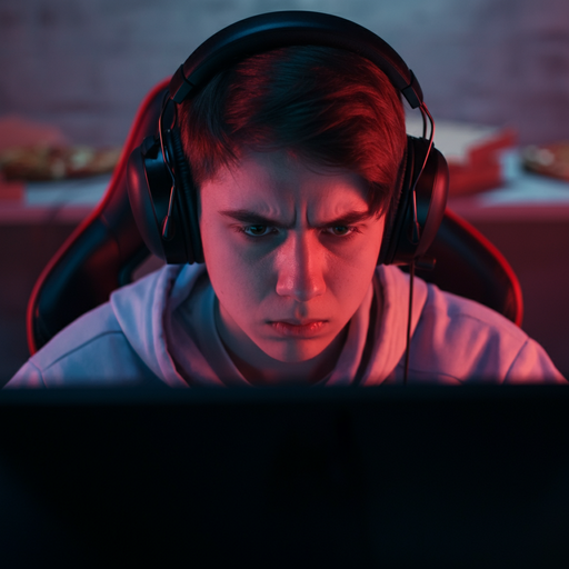 Lost in the Code: A Young Man’s Intense Focus Under Neon Lights