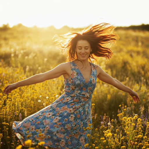 Golden Hour Magic: A Woman Dances in a Field of Sunshine