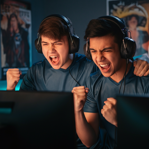 Victory Dance! Gamers Celebrate Triumph in a Burst of Blue and Yellow