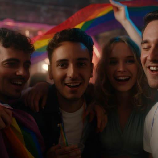 Pride and Joy: Friends Celebrate with Smiles and a Rainbow Flag