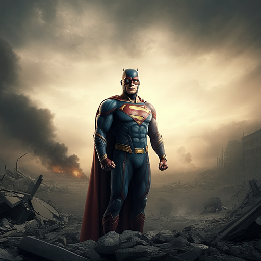 Hope Amidst the Ashes: A Superhero Stands Tall in a Ruined City