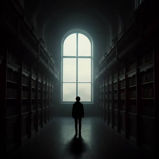 Silhouette of Mystery in a Dark Library