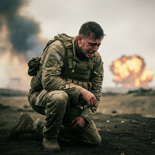 The Weight of War: A Soldier’s Tears Amidst the Ruins