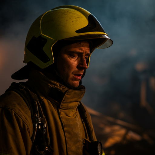 Firefighter’s Weary Gaze Amidst the Flames