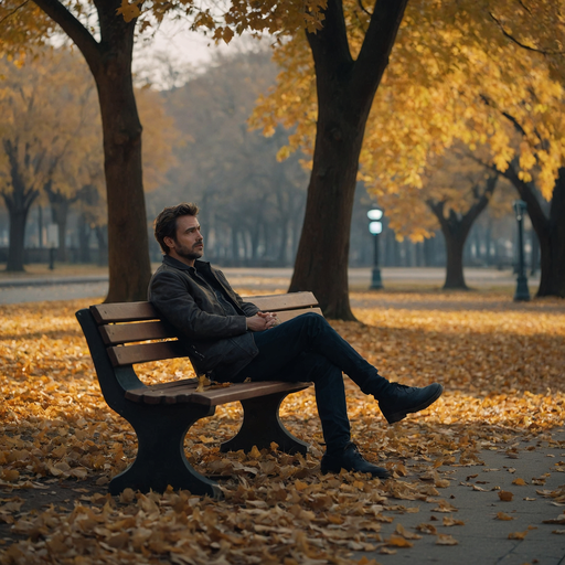 Autumnal Solitude: A Man Finds Peace Amidst Falling Leaves