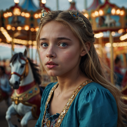 A Crowned Dreamer Gazes Beyond the Carousel