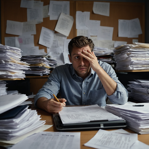 The Weight of Work: A Man Drowning in Paper