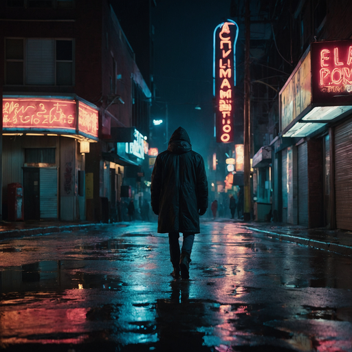 Lost in the Neon Glow: A Figure Walks the Wet City Streets