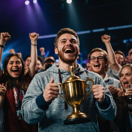 Triumphant Moment: Young Man Celebrates Victory with Golden Trophy