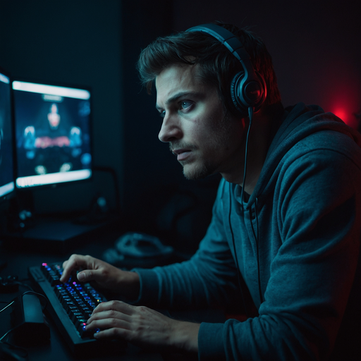 Lost in the Code: A Young Man’s Intense Focus Under Neon Lights