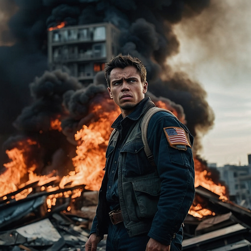 Man Stands Defiant Amidst Burning Building