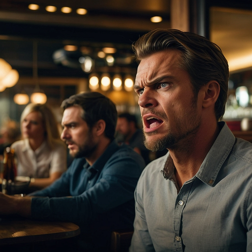 Man’s Outburst Ignites Tension in Dimly Lit Bar