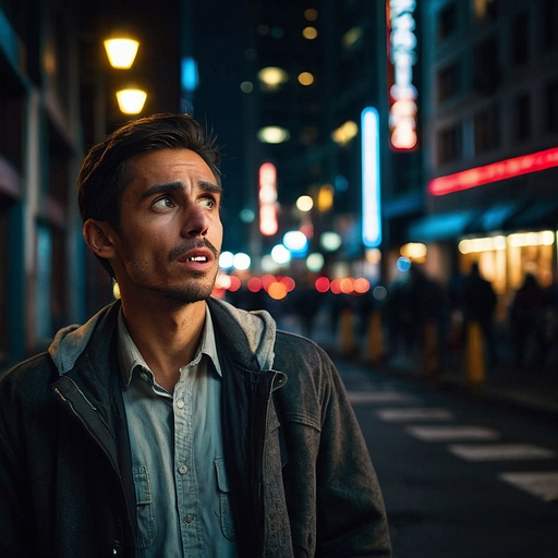 Lost in the City Lights: A Moment of Pensive Mystery