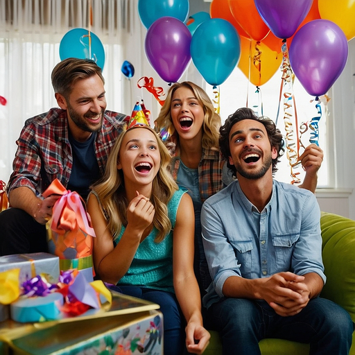 Birthday Joy: Friends Celebrate with Laughter and Balloons