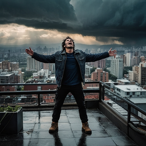 Man Defies the Storm, City Lights Witness His Cry