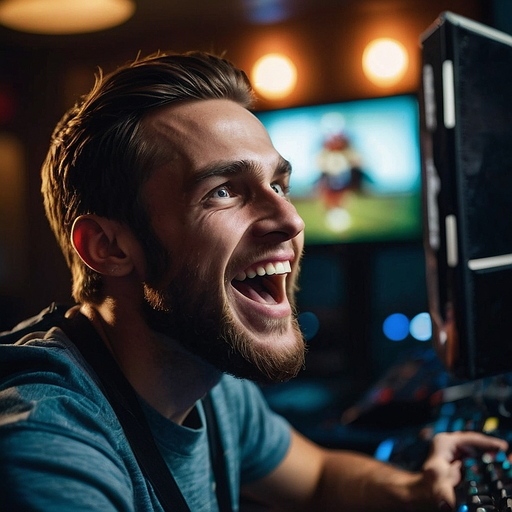 Man’s Face Lights Up with Excitement in Front of Computer Screen