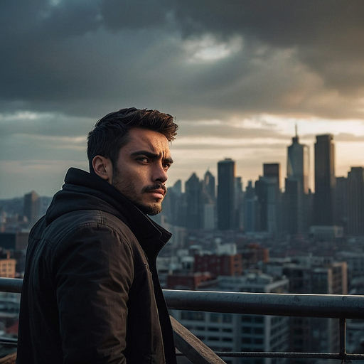 Silhouettes of Solitude: A Man Contemplates the City at Sunset