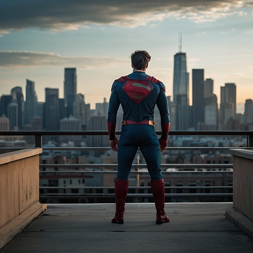 Superman Contemplates the City at Sunset