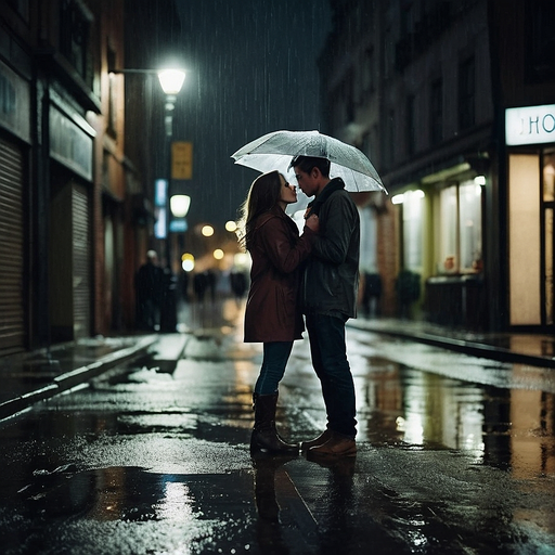 Rainy Night Romance: A Couple’s Intimate Embrace Under the City Lights