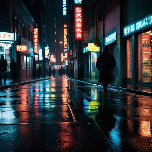 Lost in the Neon Glow: A Solitary Figure Walks Through a Mysterious Asian City