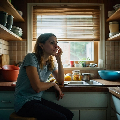 Lost in Thought: A Moment of Melancholy in a Cluttered Kitchen