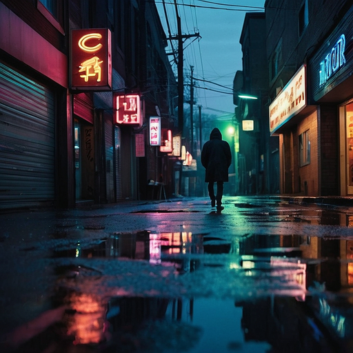 Lost in the Neon Glow: A Mysterious Figure Walks the Wet Streets