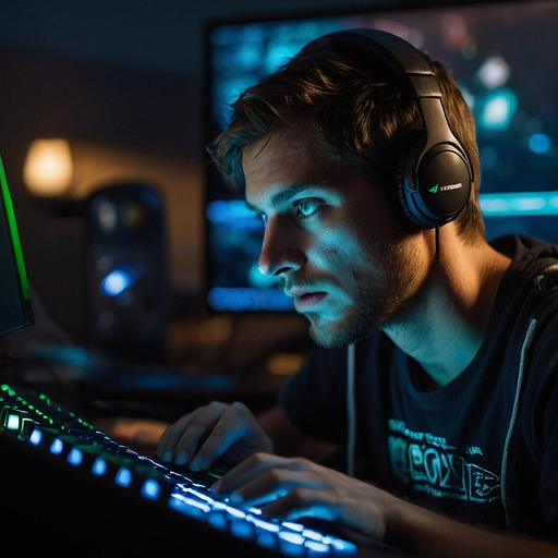 Lost in the Code: A Young Man’s Intense Focus Under Blue Light