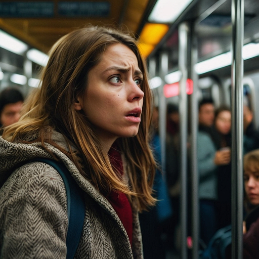 Worried Woman in a Sea of Faces: Tension Rises on Public Transport