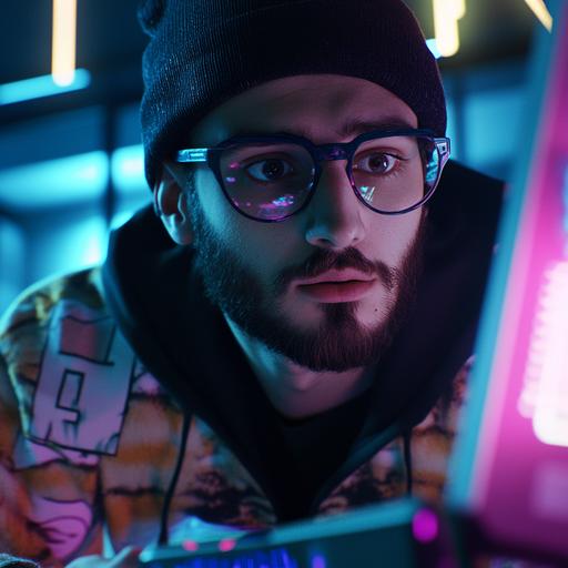 Lost in the Code: A Man’s Intense Focus Under Neon Lights