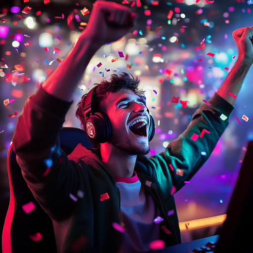 Victory Dance! Gamer Celebrates Triumph in a Shower of Confetti