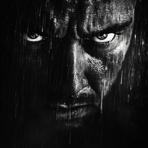 Rain-Soaked Fury: A Man’s Face in Black and White