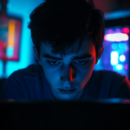 Lost in the Digital Labyrinth: A Young Man’s Intense Focus Under Neon Lights