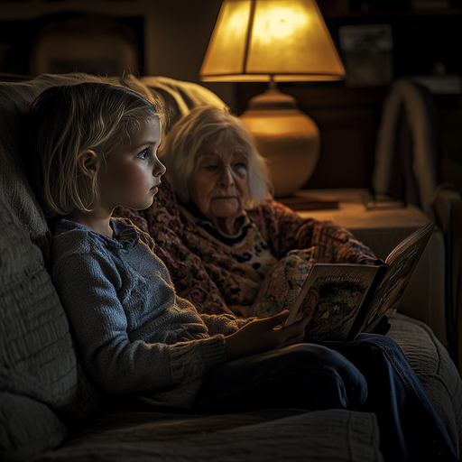 Intimate Moment: Young Girl and Mentor Share a Cozy Reading Session