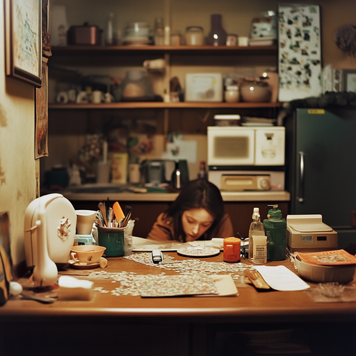 Lost in the Pieces: A Moment of Focus in a Cozy Kitchen