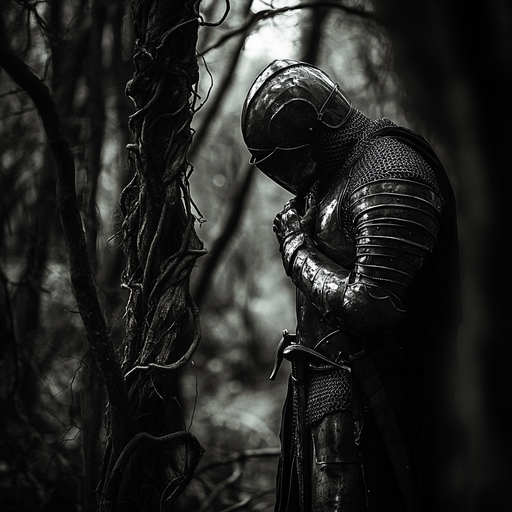 A Knight’s Solemn Reflection in the Dark Forest