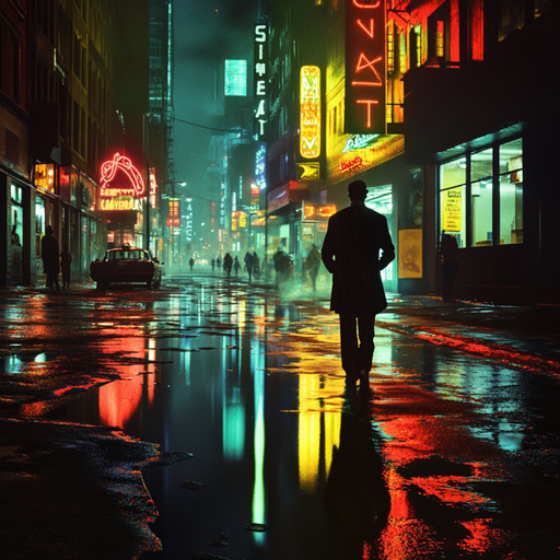 Lost in the Neon Glow: A Solitary Figure Walks the Wet City Streets