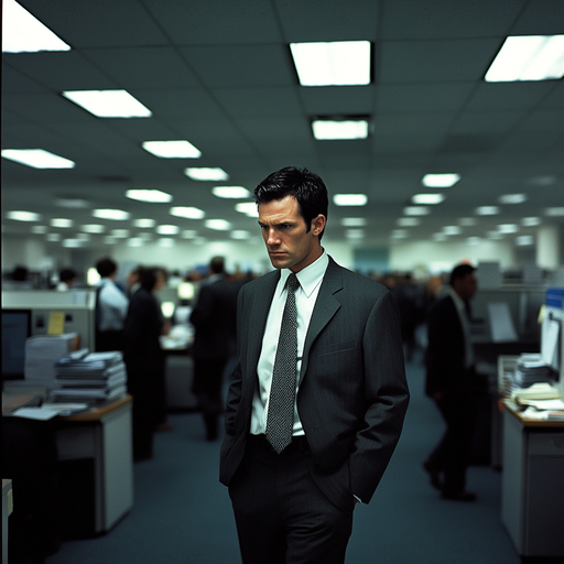 The Weight of Decisions: A Man’s Pensive Walk Through a Corporate Labyrinth