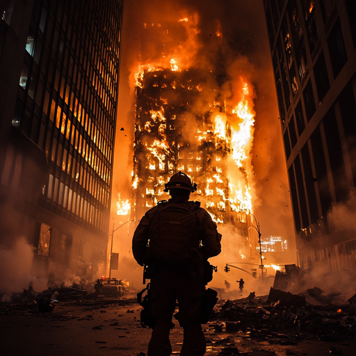 Silhouette of Courage: Firefighter Stands Amidst Apocalyptic Blaze