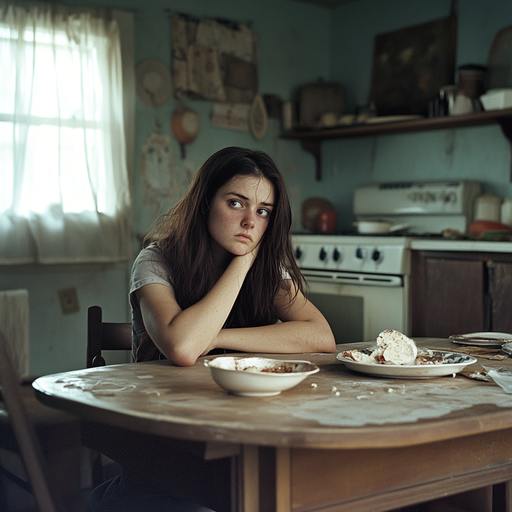 A Moment of Quiet Reflection in a Cluttered Kitchen